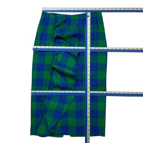 TOV Ruffle Plaid Skirts 40 US/M Blue Green Pencil Straight Midi Heritage Fall - Picture 5 of 14